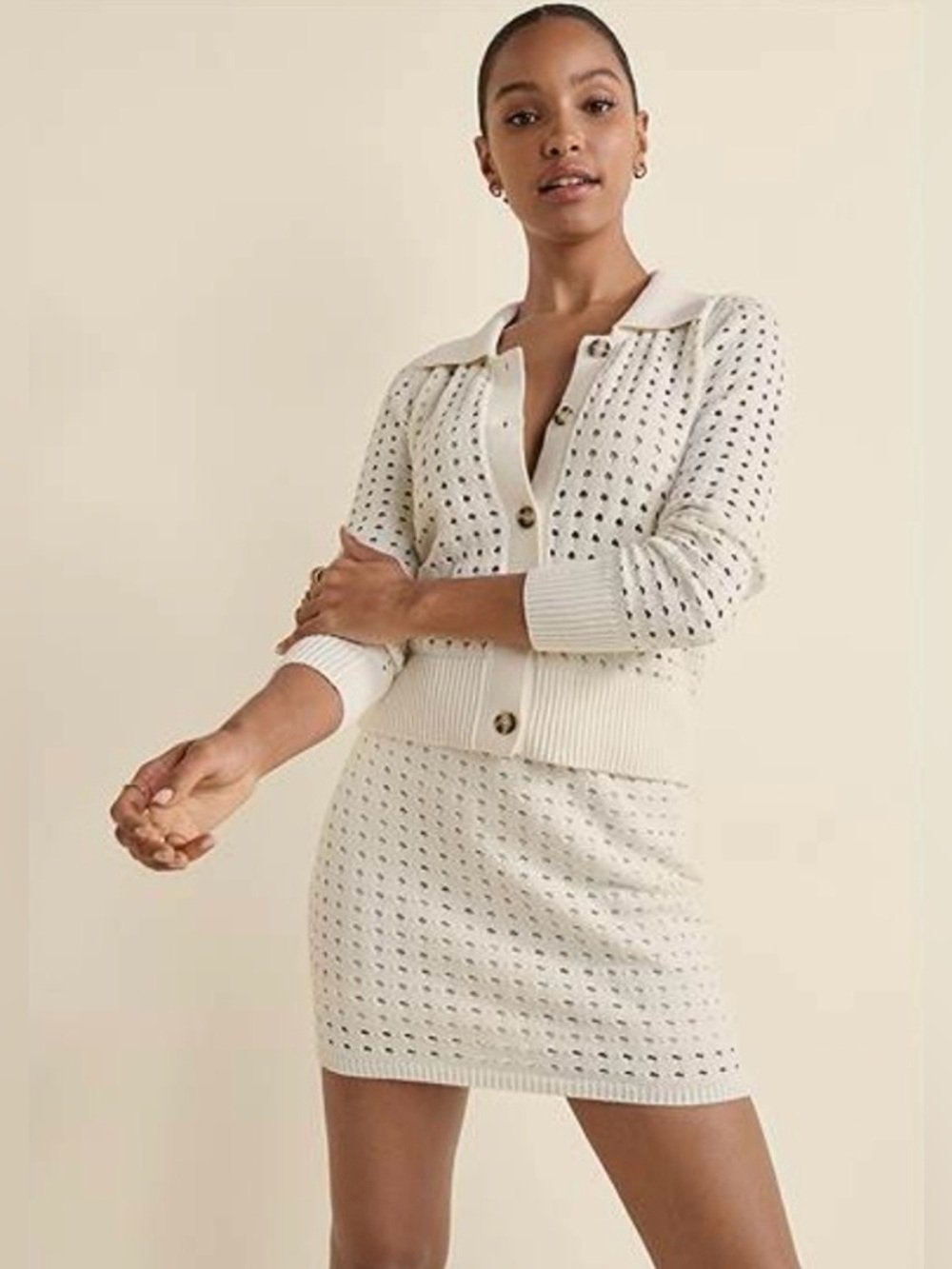VENUS Ivory Openwork Knit Button-Front Cardigan and Matching Mini Skirt Set NWT